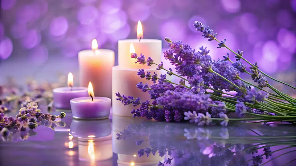 pngtree-lavender-flowers-and-candles-on-soft-purple-background-image_20508071